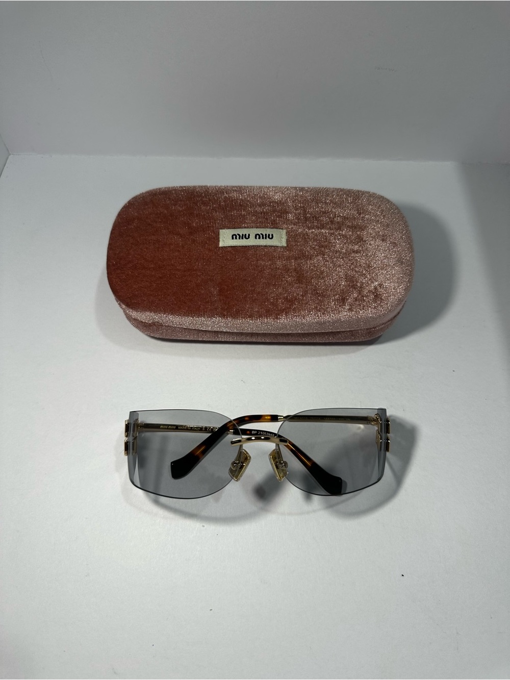 Miu Miu Velvet Dusty Rose Case with Rimless Gray-Tinted Sunglasses